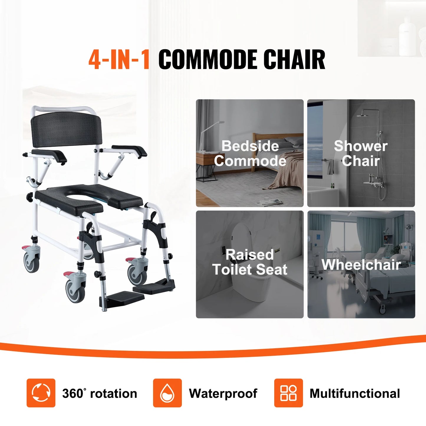 SucceBuy Shower Commode Wheelchair with 4 Lockable Wheels Footrests Flip-up Arms 3-Level Adjustable Height 5L Removable Bucket