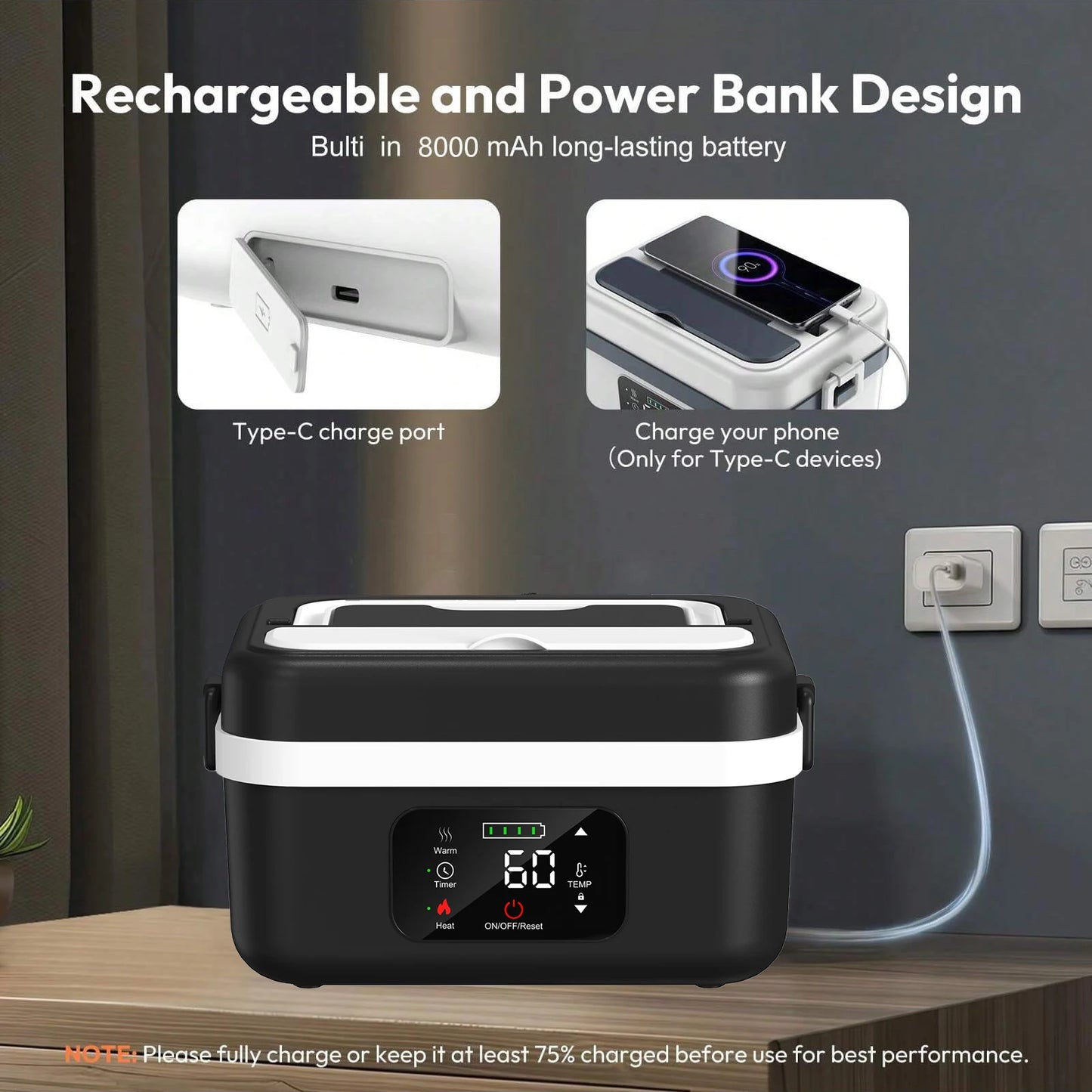 Wireless Insulated Lunch Box With 8000mAh Battery And 60W Heating
