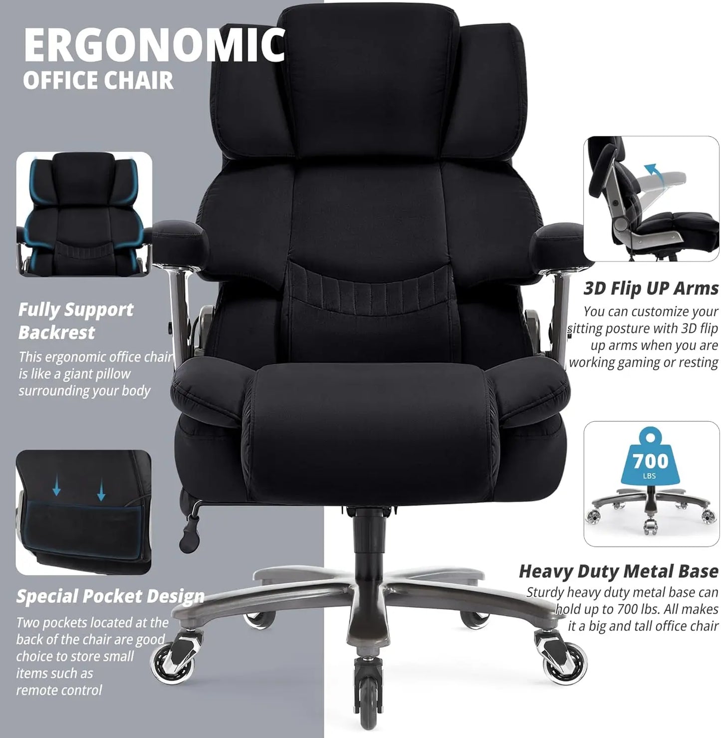 Heavy Duty High Back Cloth Chair With 3D Flip Arms