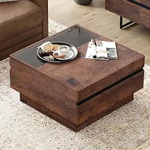Modern Coffee Table, Square Living Room Coffee Table with Tempered Glass Top and Two Large Storage Drawers, 31.5"x 31.5", Brown