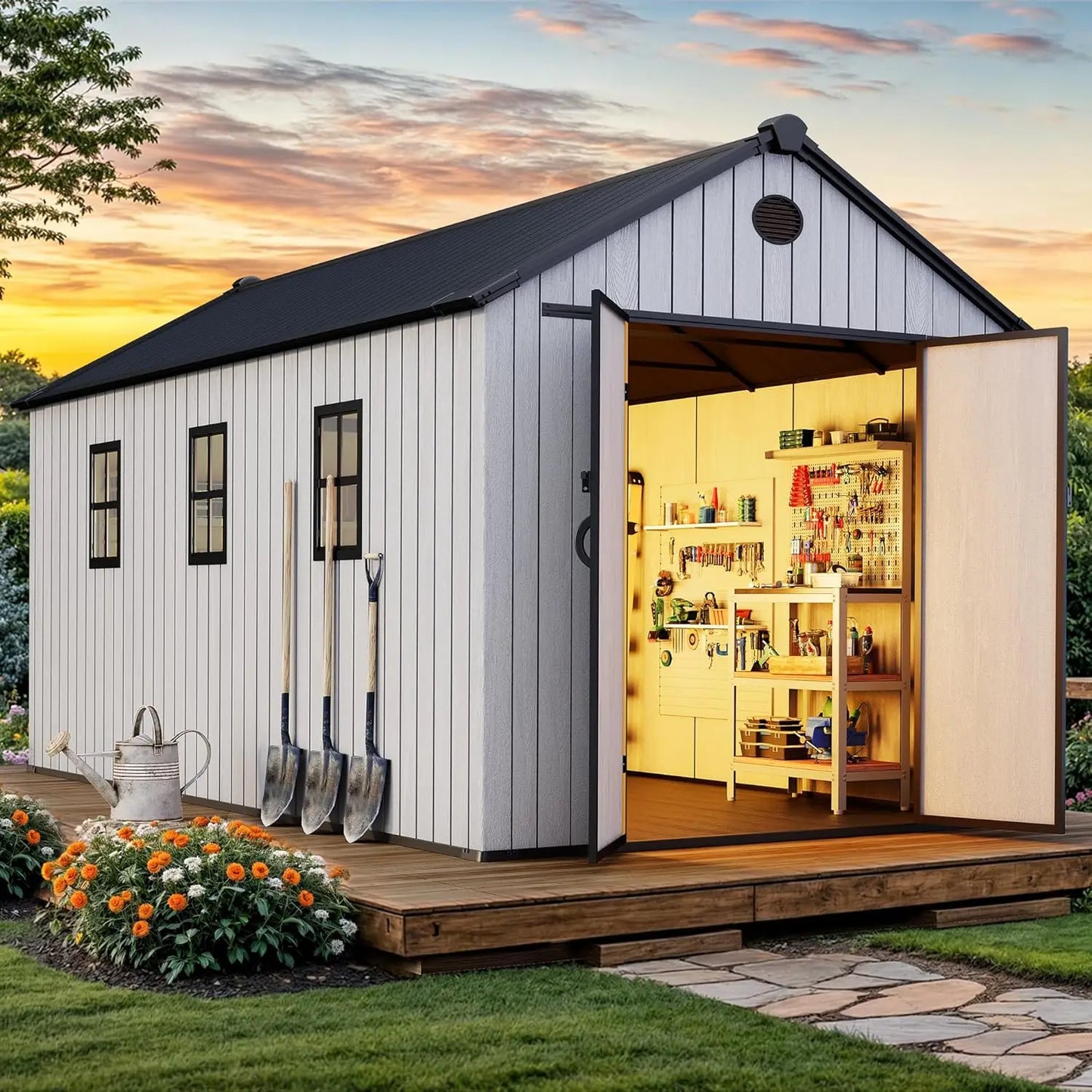 8x16 Ft Waterproof Outdoor Storage Shed With Floor Lockable Doors