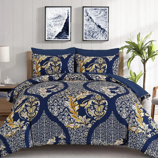 California King Comforter Set 7 Pieces Navy Blue Gold Damask