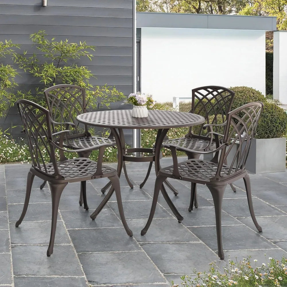 5 Piece Outdoor Patio Dining Set, All-Weather Round Cast Aluminum Dining Table with 1.97" Umbrella Hole and Outdoor Patio Dinin