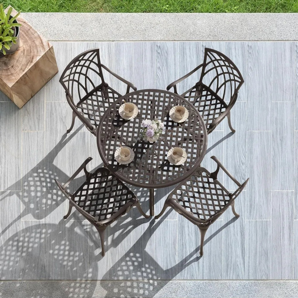 5 Piece Outdoor Patio Dining Set, All-Weather Round Cast Aluminum Dining Table with 1.97" Umbrella Hole and Outdoor Patio Dinin