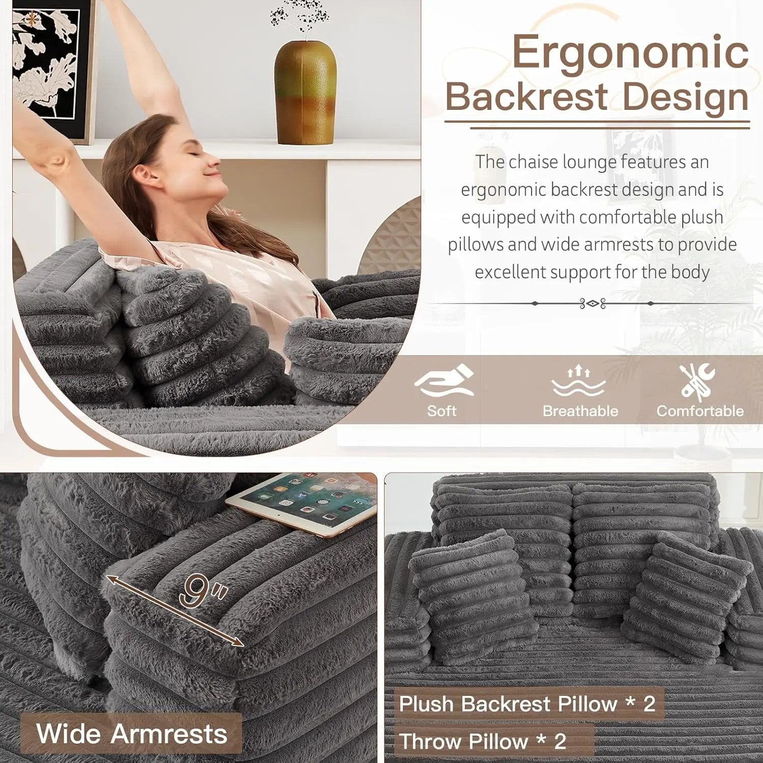 56 Inch Wide Indoor Chaise Lounge Chair Plush Fur Sofa