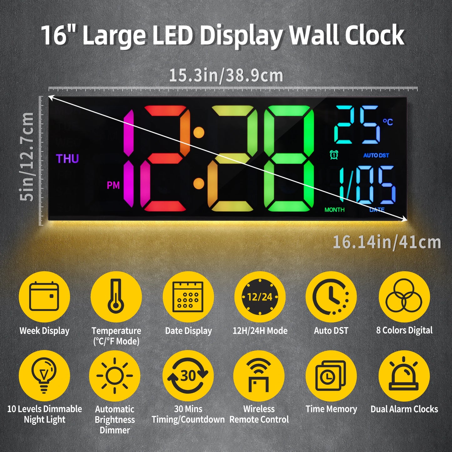 16 Inch Large Digital Wall Clock With Remote RGB LED Display Alarm Temperature For Living Room And Kitchen