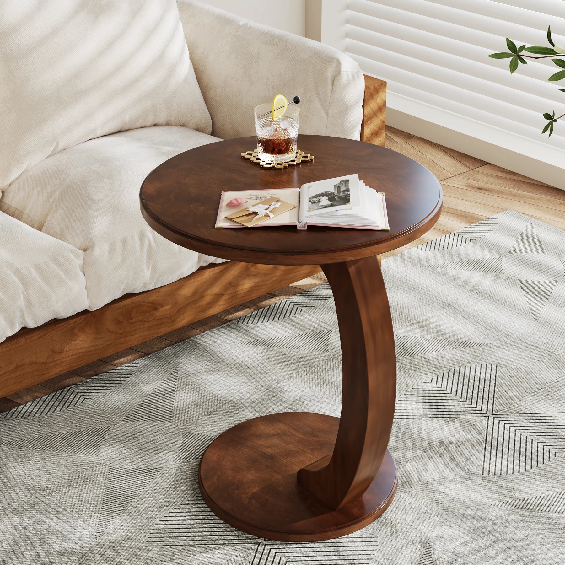 Tribesigns Round End Table Wood C Shaped Side Table Retro