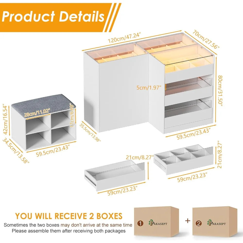 Armoire Wardrobe Closet Island with 9 Drawers, Led Lights, Glass Tabletop, Bedroom Island with Jewelry Organizer, Storage B