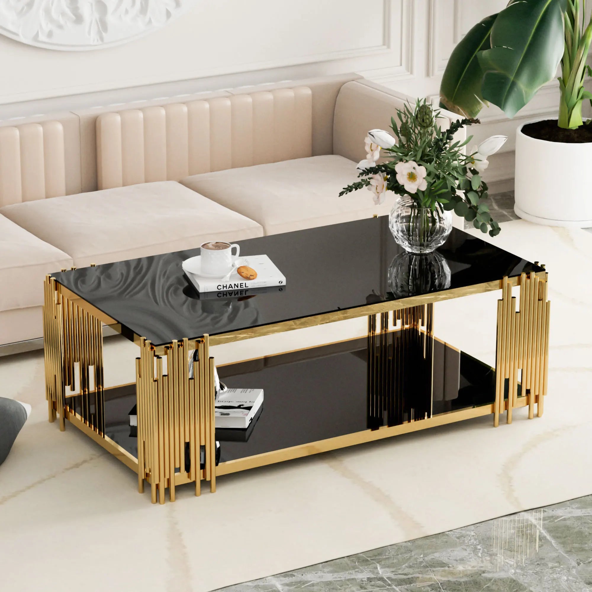 Rectangular Stainless Steel Glass Coffee Table With Gold Legs