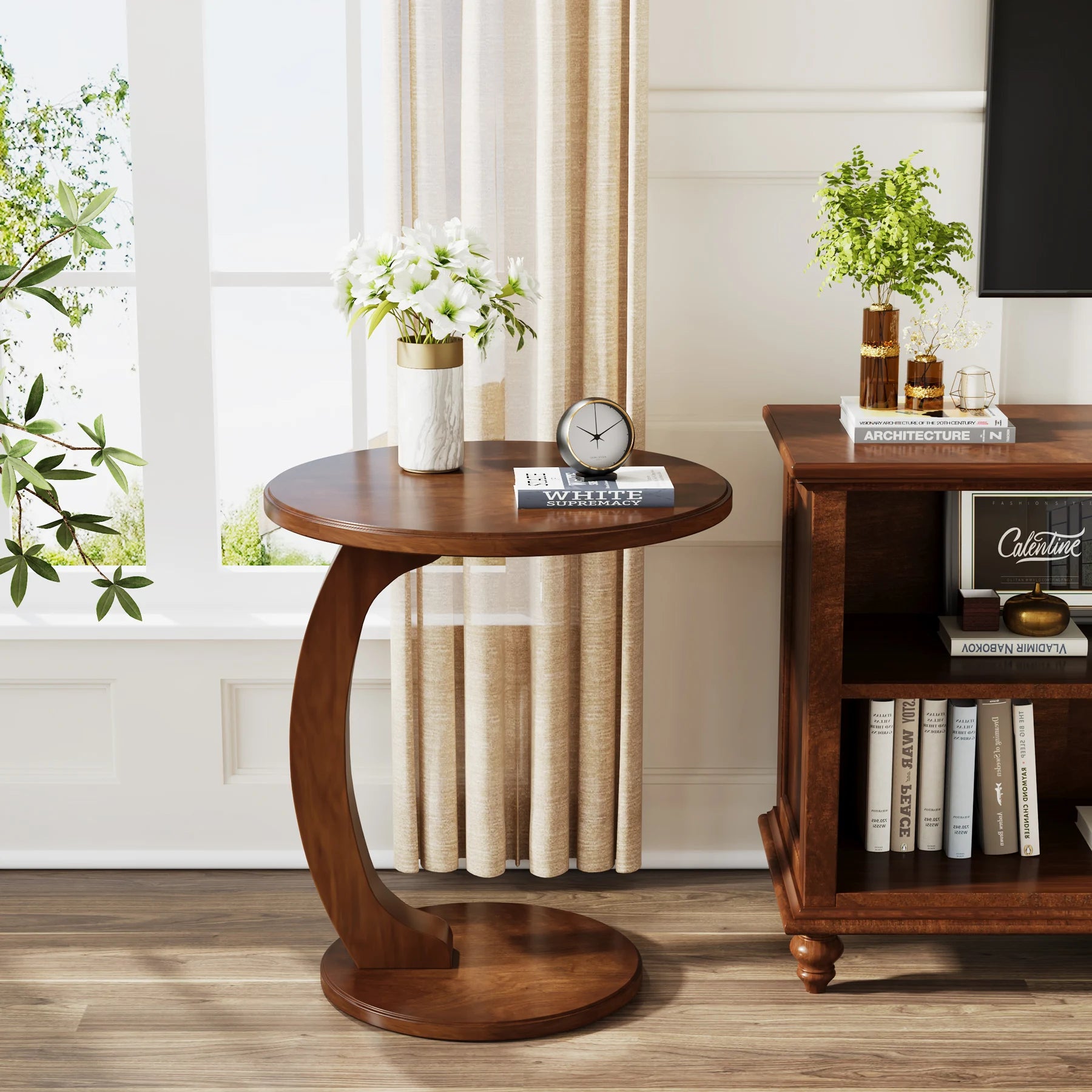 Tribesigns Round End Table Wood C Shaped Side Table Retro