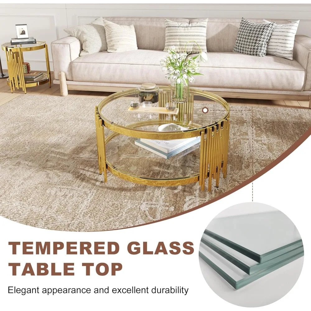 3 Piece Glass Coffee Table Set With Round Stainless Steel