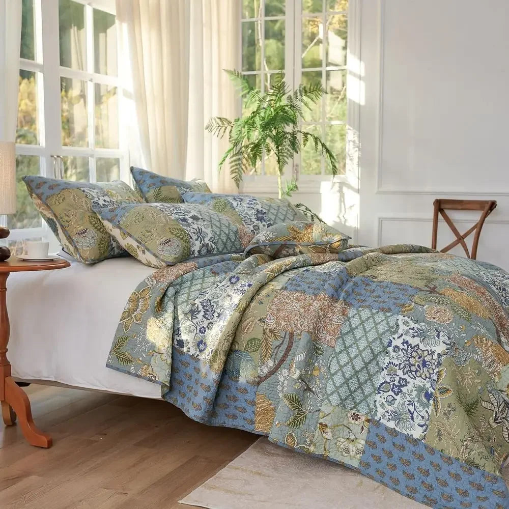 Oversized 100 Cotton California King Quilt Set Green Patchwork
