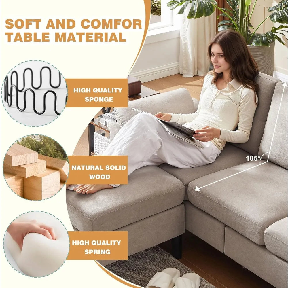 4 Piece Convertible Sectional Sofa Set, Modern Linen Small L Shaped Couch with Reversible Chaise, 3-Seater Sofa & Loveseat & Arm