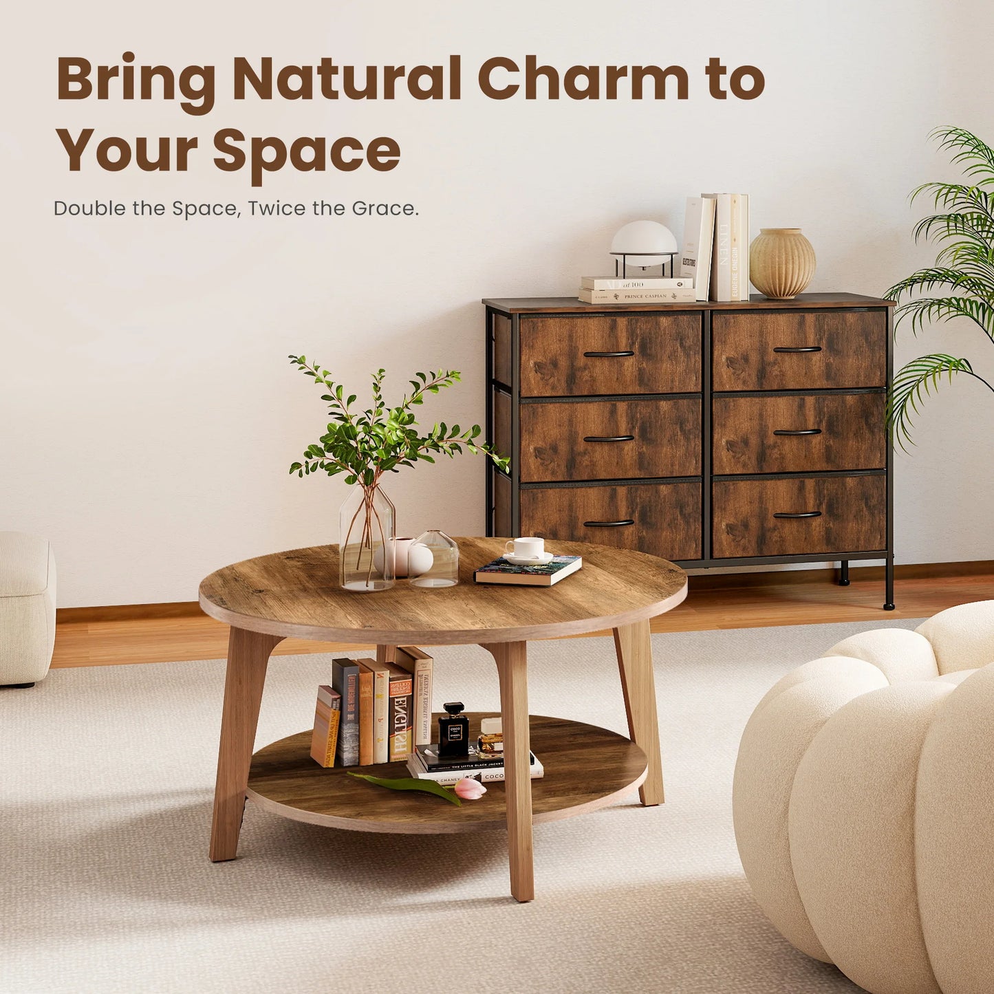 JHK 32 Inch Round Wood Coffee Table With Hidden Storage