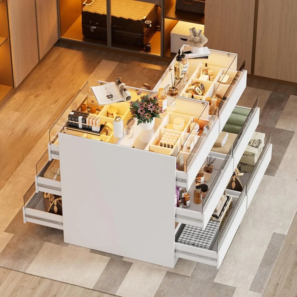 Armoire Wardrobe Closet Island with 9 Drawers, Led Lights, Glass Tabletop, Bedroom Island with Jewelry Organizer, Storage B