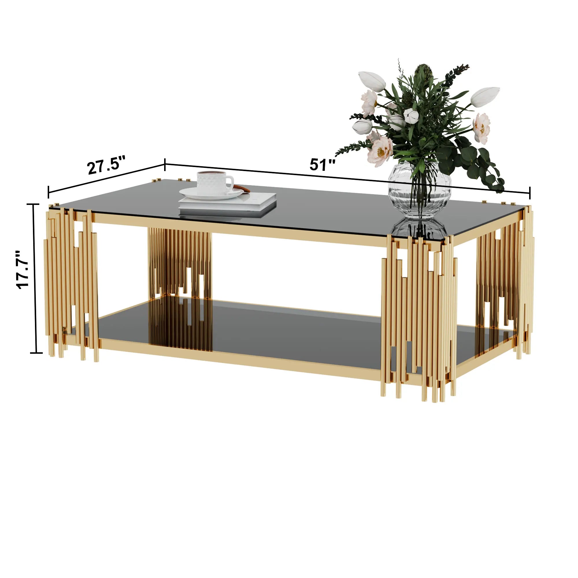 Rectangular Stainless Steel Glass Coffee Table With Gold Legs