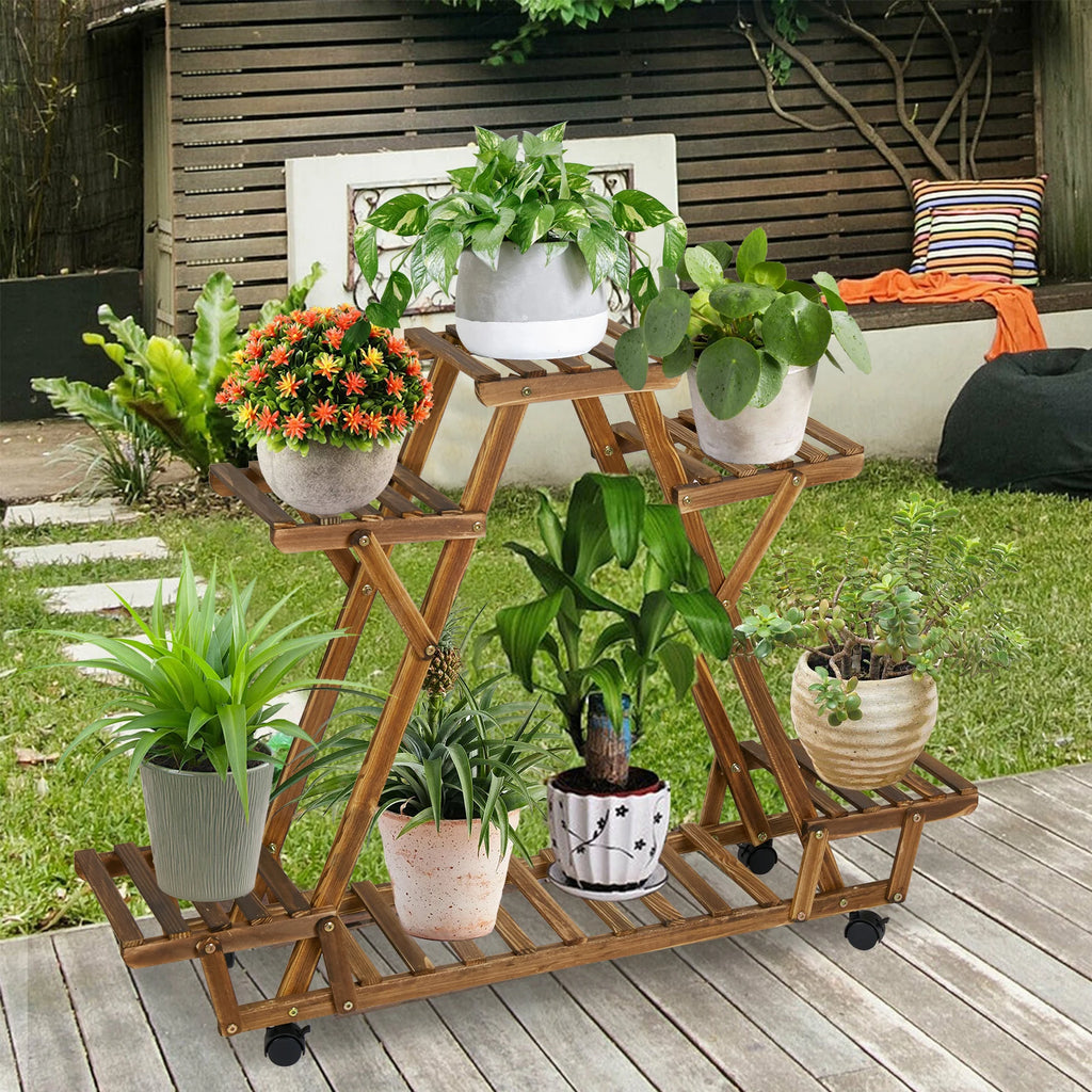 Triangular Plant Shelf 6 Potted Carbonized Wood Plant Holder Flower Pot Stand Display Storage Rack with Wheels for Garden