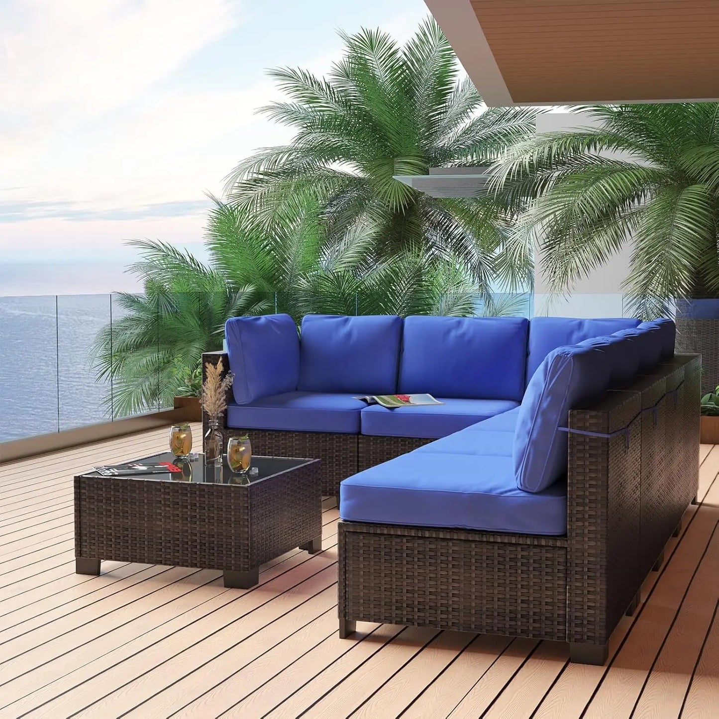 Seven Piece Modular Outdoor Furniture Set With PE Rattan Wicker