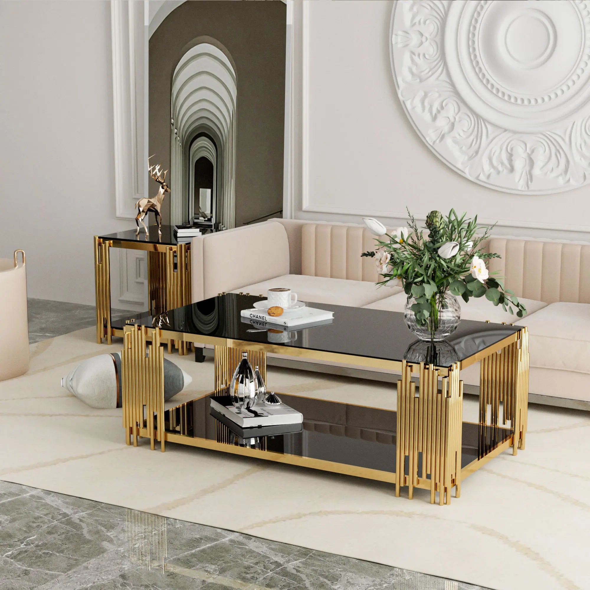 Rectangular Stainless Steel Glass Coffee Table With Gold Legs