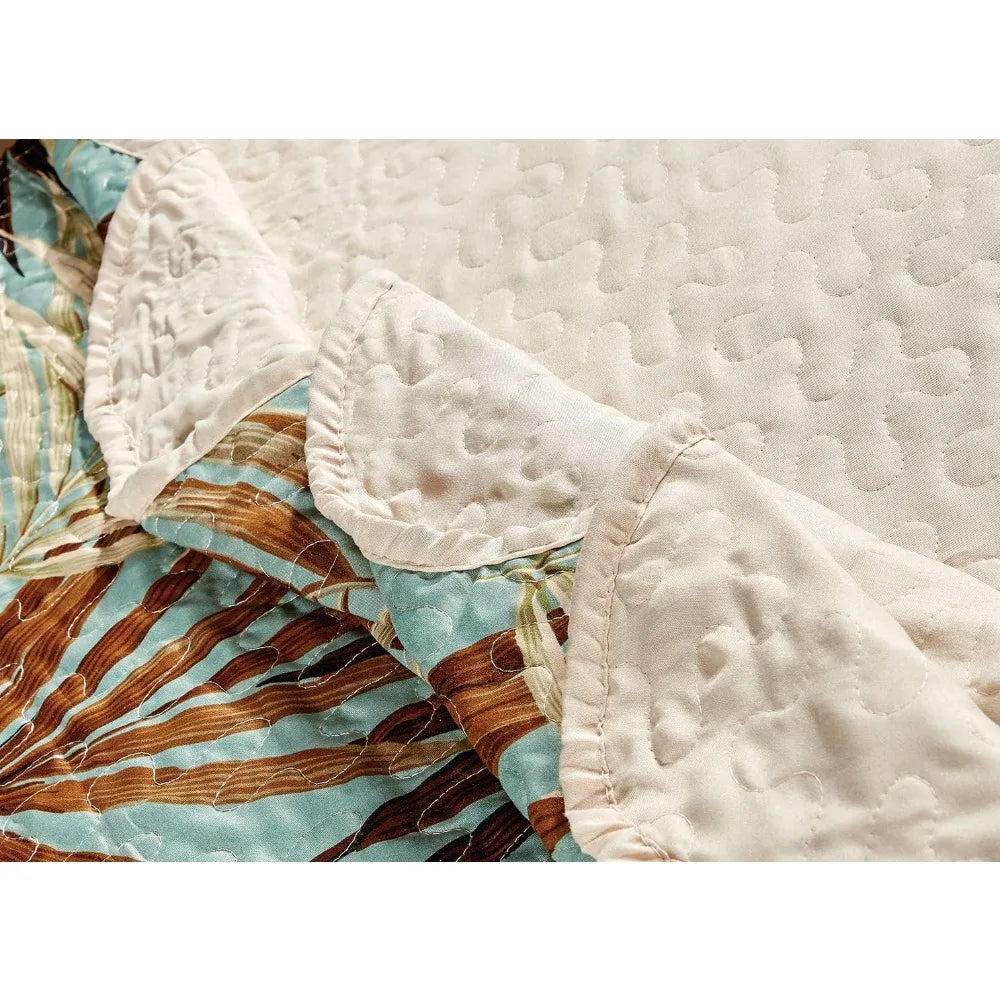 Tropical Palm Leaves 3-Piece Oversized Quilt Set for King Size Bed in Sage