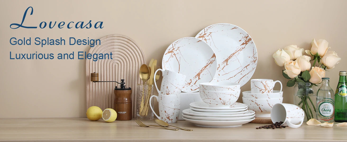 White Dinnerware Sets for 4, 16 Piece Porcelain Dish Set Plates and Bowls Sets, Gold Splash Glaze Ceramic Dinner Set with Mugs,