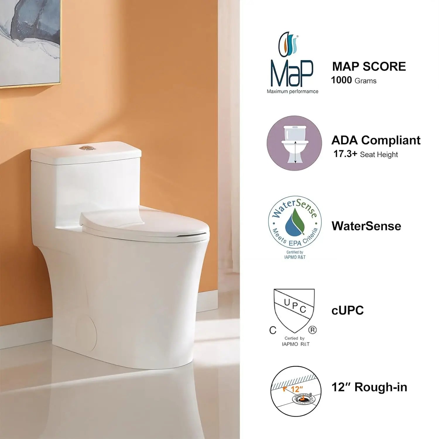 T0338W Compact One Piece Toilet with Comfort Chair Seat ADA Height 17.3", Elongated Dual Flush 0.8/1.28 GPF and MAP 1000g