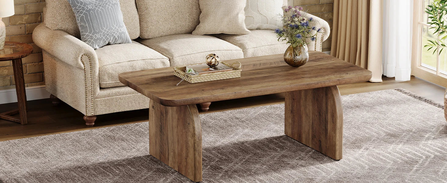Rectangular Wood Coffee Table Farmhouse Center Table With Sturdy Base