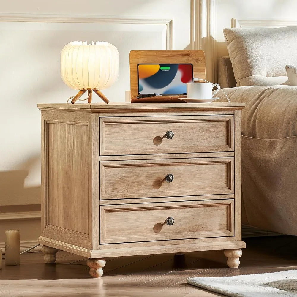 Farmhouse Nightstand with Charging Station, 24 Wide End Table with 3 Drawers, Natural Wood Dresser for Bedroom, Bedside Table
