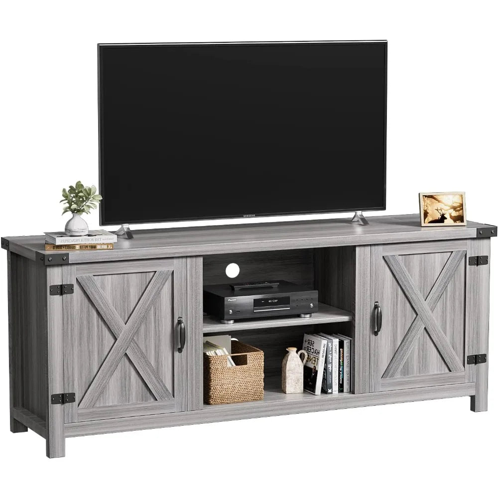 Modern Farmhouse TV Stand with Two Barn Doors and Storage Cabinets,Living Room Furniture,Entertainment Center Console Table