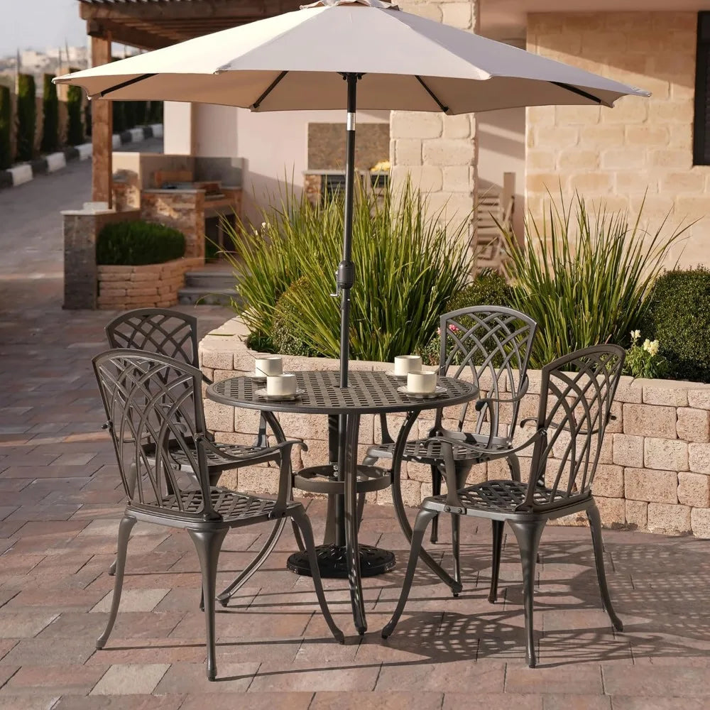 5 Piece Outdoor Patio Dining Set, All-Weather Round Cast Aluminum Dining Table with 1.97" Umbrella Hole and Outdoor Patio Dinin