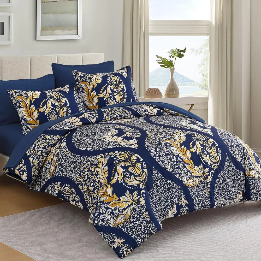 California King Comforter Set 7 Pieces Navy Blue Gold Damask