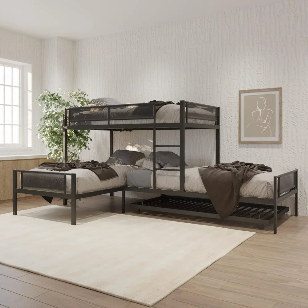 L-Shaped Triple Bunk Bed with Trundle for 4 Boys/Girls/Adults, Sturdy Metal Quad Bunk Beds Twin Over Twin w/Safety Textilene Gua
