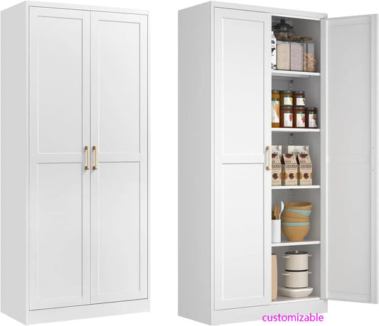 White Kitchen Pantry Cabinet, Pantry Storage Cabinet with Doors and Adjustable Shelves,71" Tall Freestanding Cupboard .