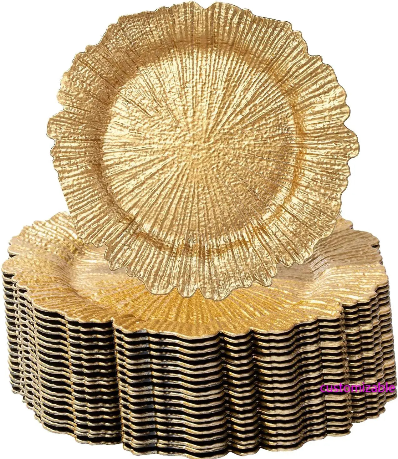 Gold 13 Inch Charger Plates Matte Reef Ruffled Rim 100Pcs