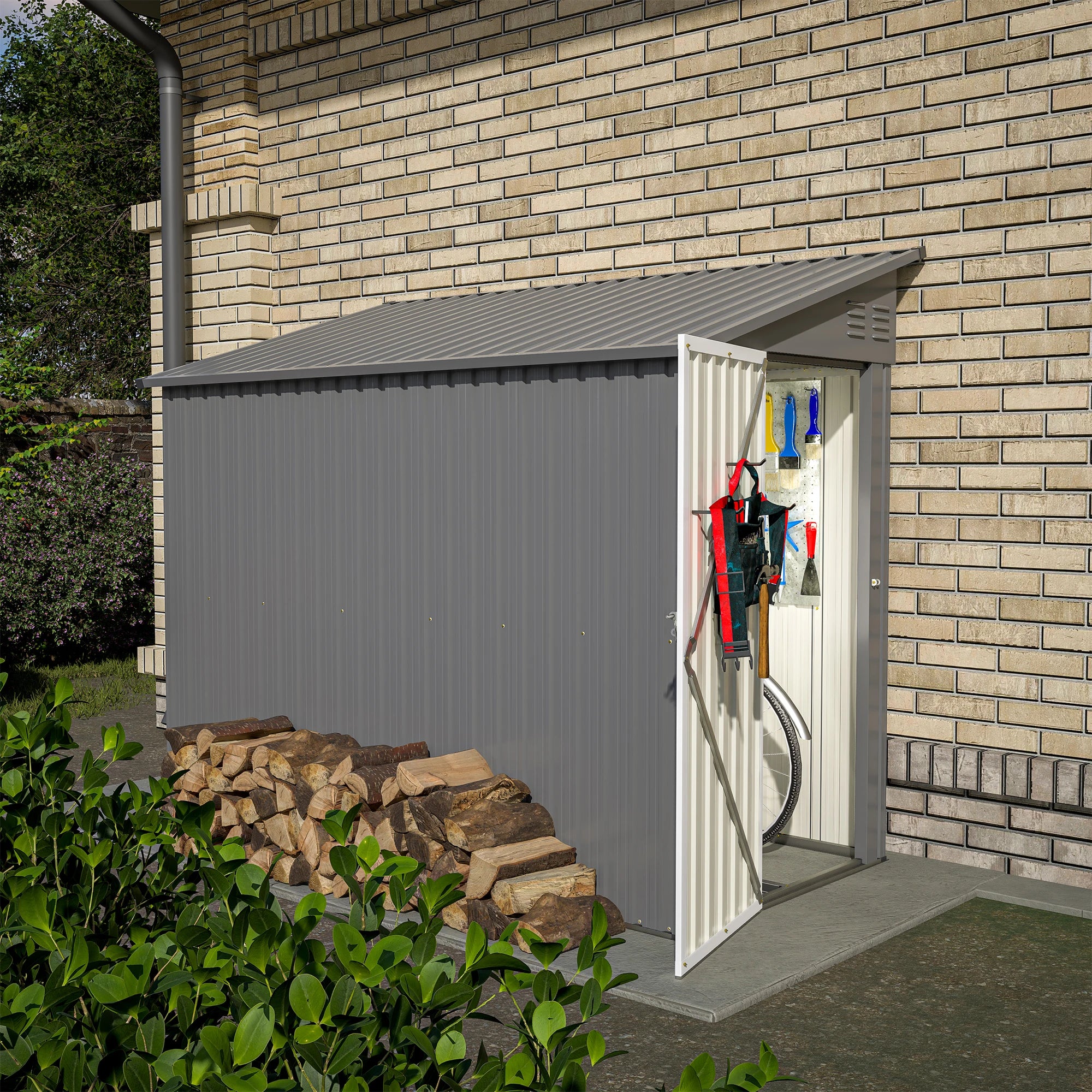 LZBEITEM 4x8 Metal Wall Mounted Garden Storage Shed Grey
