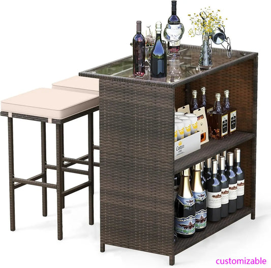 3 Piece Patio Bar Set, Outdoor Rattan Bar Table and 2 Stools with Tempered Glass Tabletop, 2-Tier Storage, Removable Cushions