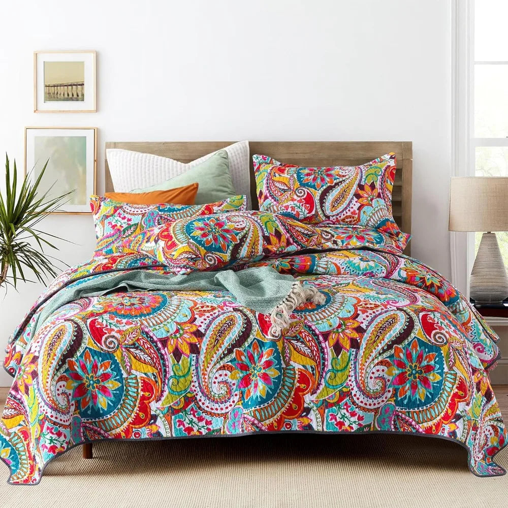 Colorful Cotton Boho Paisley Quilt Set, 3-Piece Lightweight King Size Bedding with Pillows