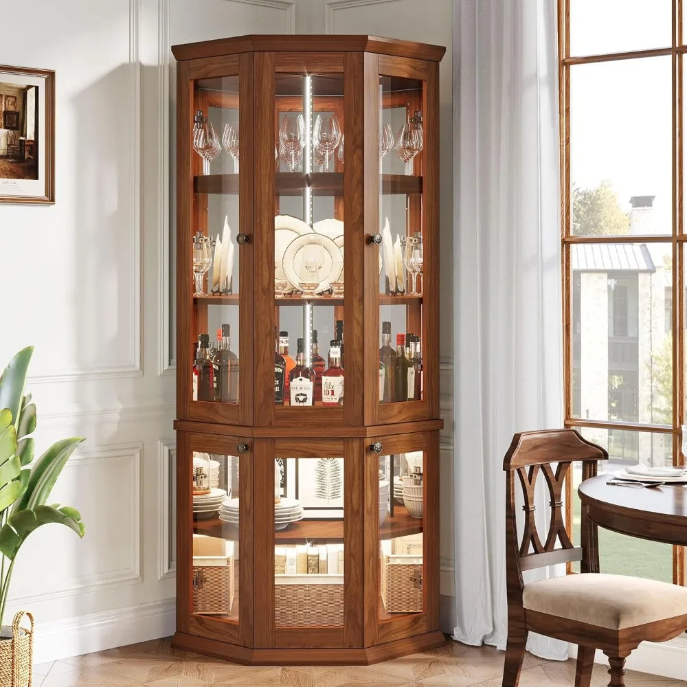 Corner Storage Cabinet, 71" Tall Corner Cabinet with Doors & LED Lights, 5-Tier Mid-Century Display Shelf for Living Room, Kitc