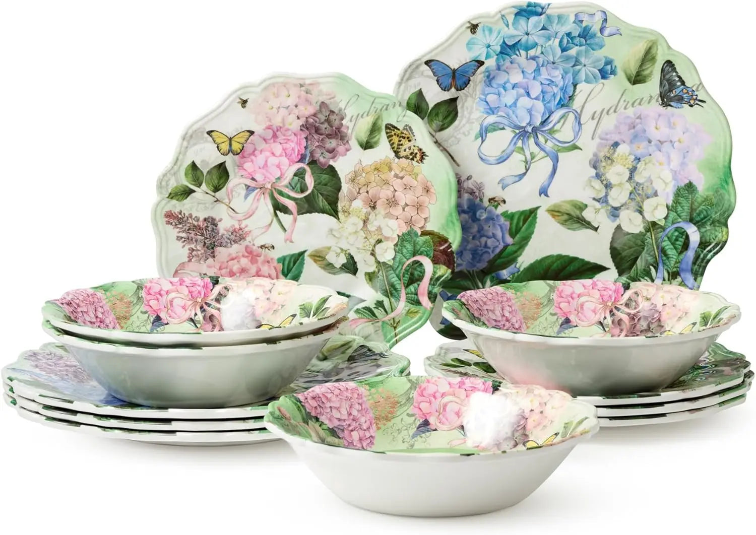 Garden Path Hydrangea Melamine Dinnerware Set for 4 12 Pieces