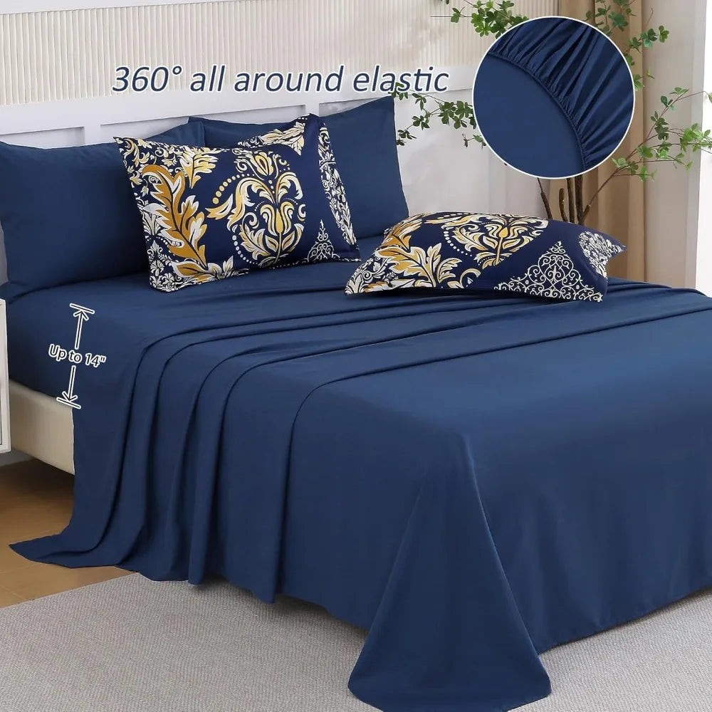 California King Comforter Set 7 Pieces Navy Blue Gold Damask