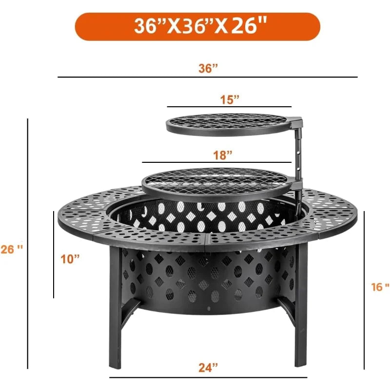 36 Inch Fire Pit with 2 Grills, Wood Burning Fire Pits for Outside with Lid,Poker and Round Waterproof Cover,BBQ&Outdoor Firepit