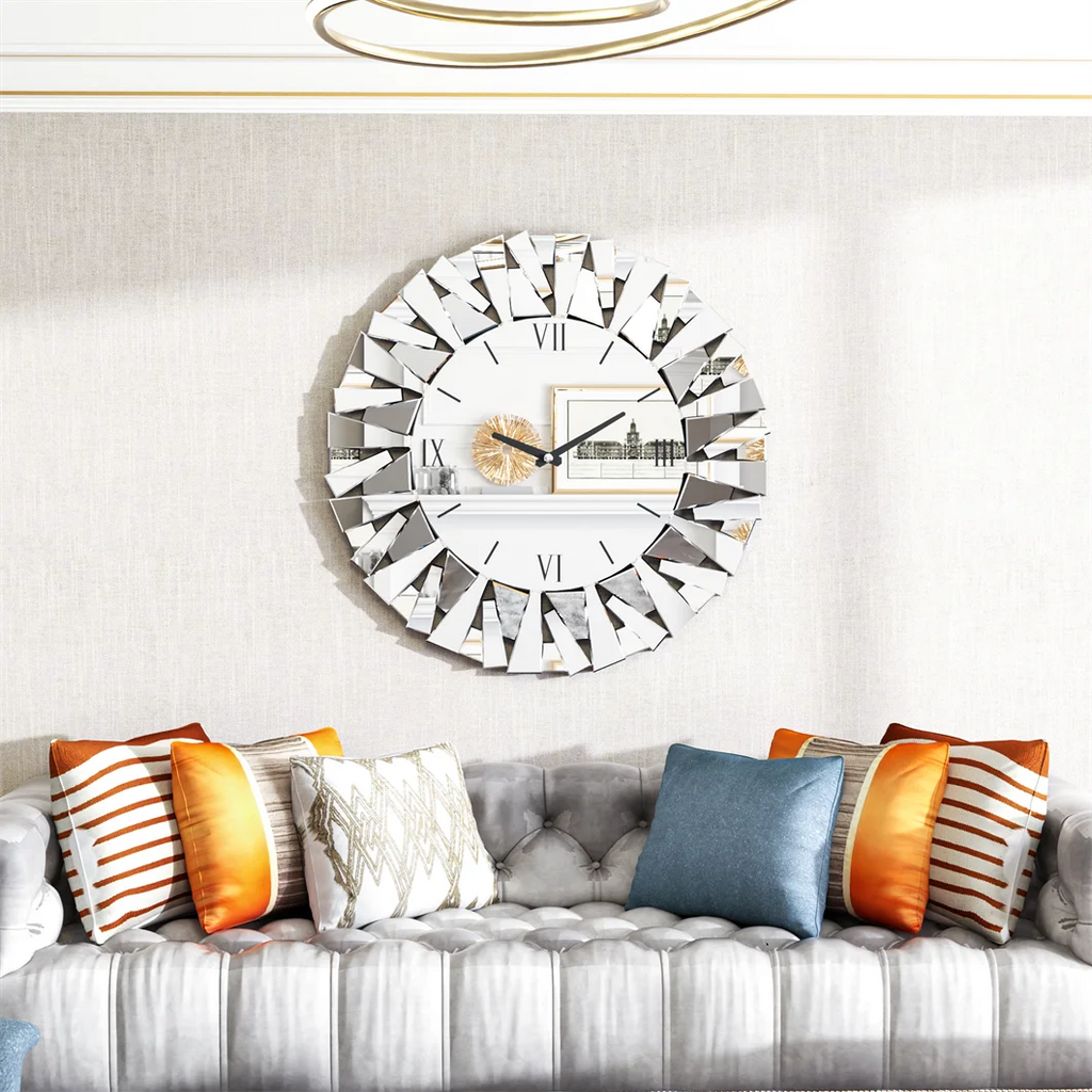 Large 3D Mirrored Sunburst Wall Clock With Roman Numerals Decor