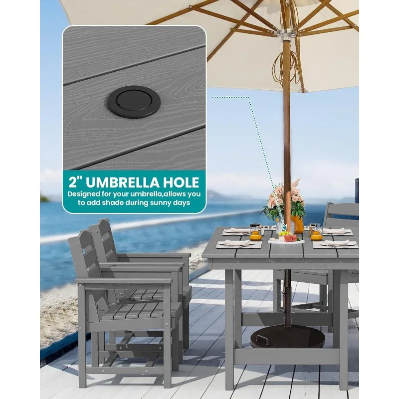 Outdoor HDPE Dining Table Set, 7-Piece Outdoor Dining Table Sets with Umbrella Hole Cut-Out Table and 6 Chairs, Gray Pati
