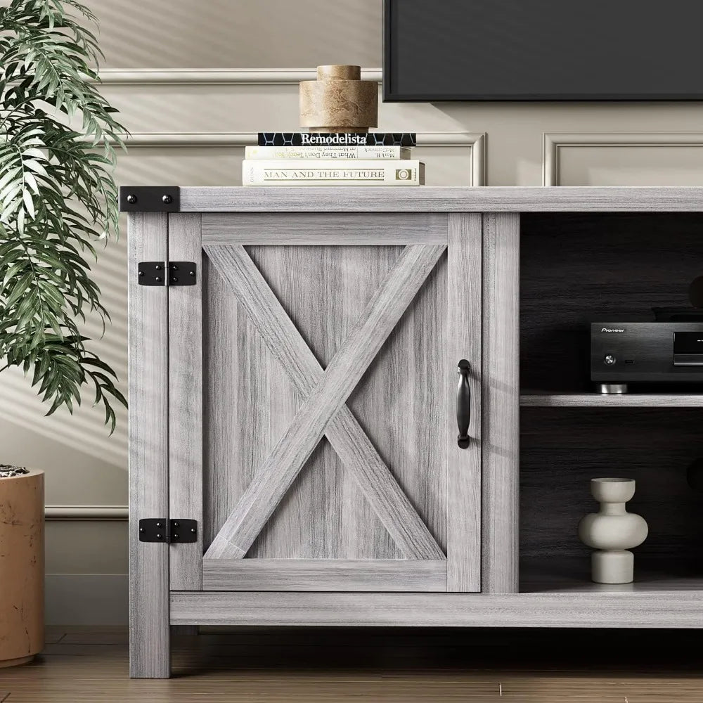 Modern Farmhouse TV Stand with Two Barn Doors and Storage Cabinets,Living Room Furniture,Entertainment Center Console Table