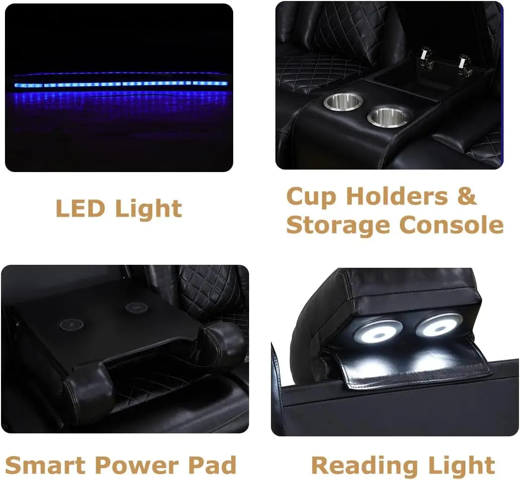 Hot salesPower Recliner Sofa Set, Black Leather 3 Pieces Sectional Couch, Living Room Furniture Sets with LED Light, Modern Powe