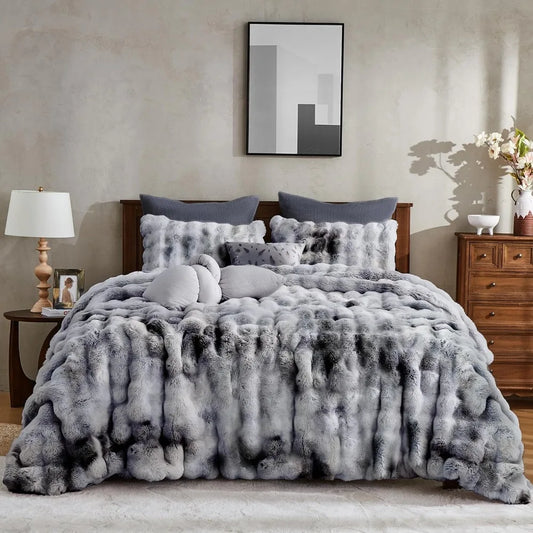 3 Pieces Fluffy Faux Rabbit Fur Bubble Comforter Set Queen Size, Tie-Dyeing Multiple Grey Plush Fuzzy Bedding Set, War