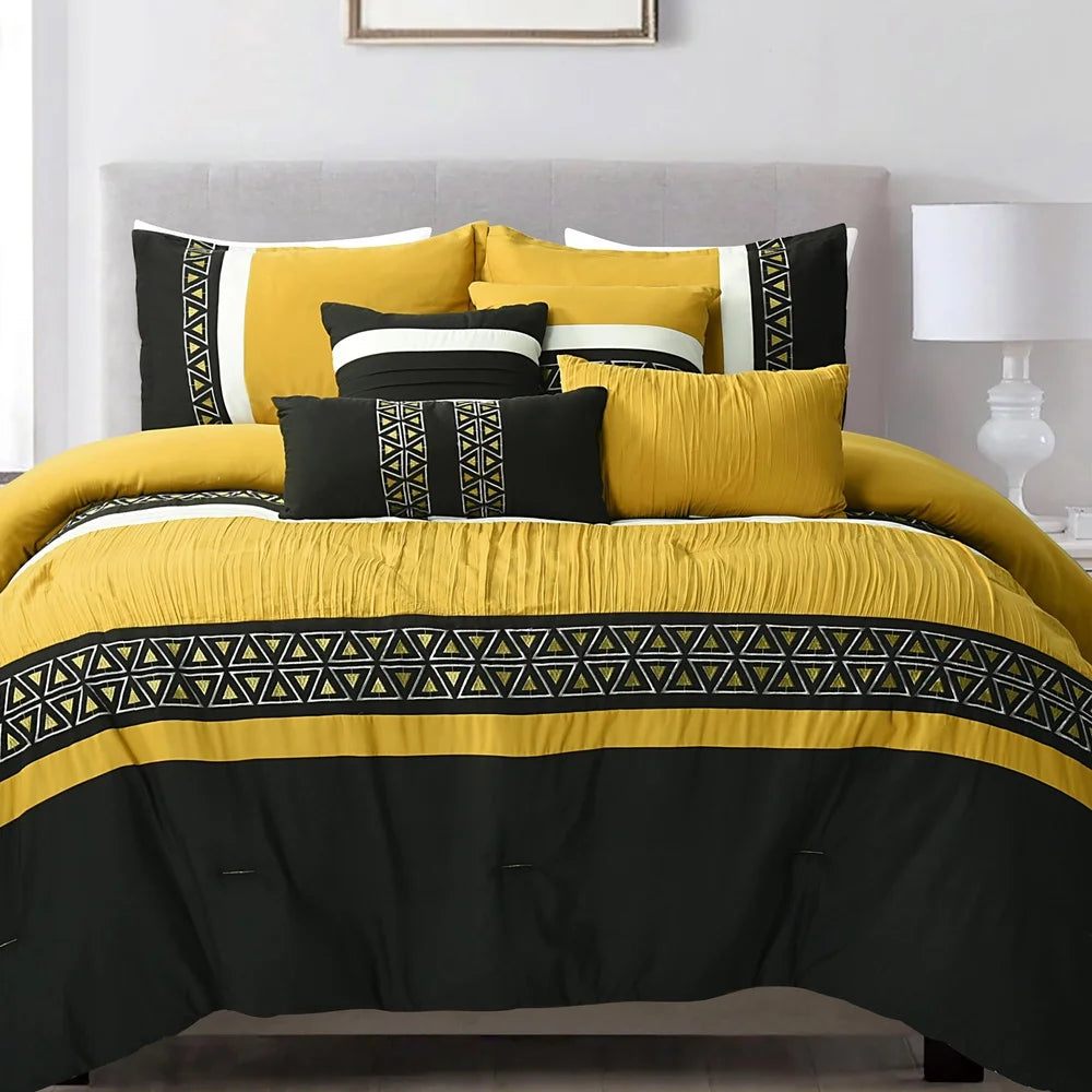 Yellow Embroidered 7 Piece Queen Bedding Set Microfiber