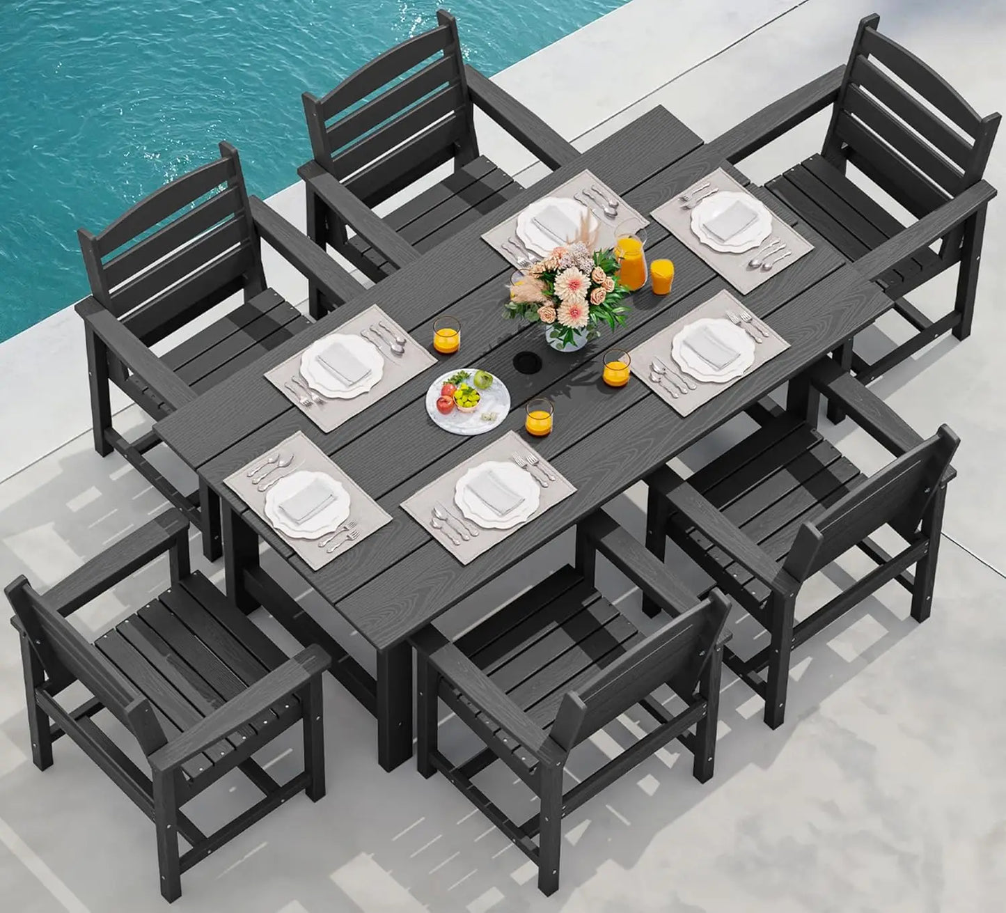 Outdoor HDPE Patio Dining Set Umbrella Hole 6 Chairs