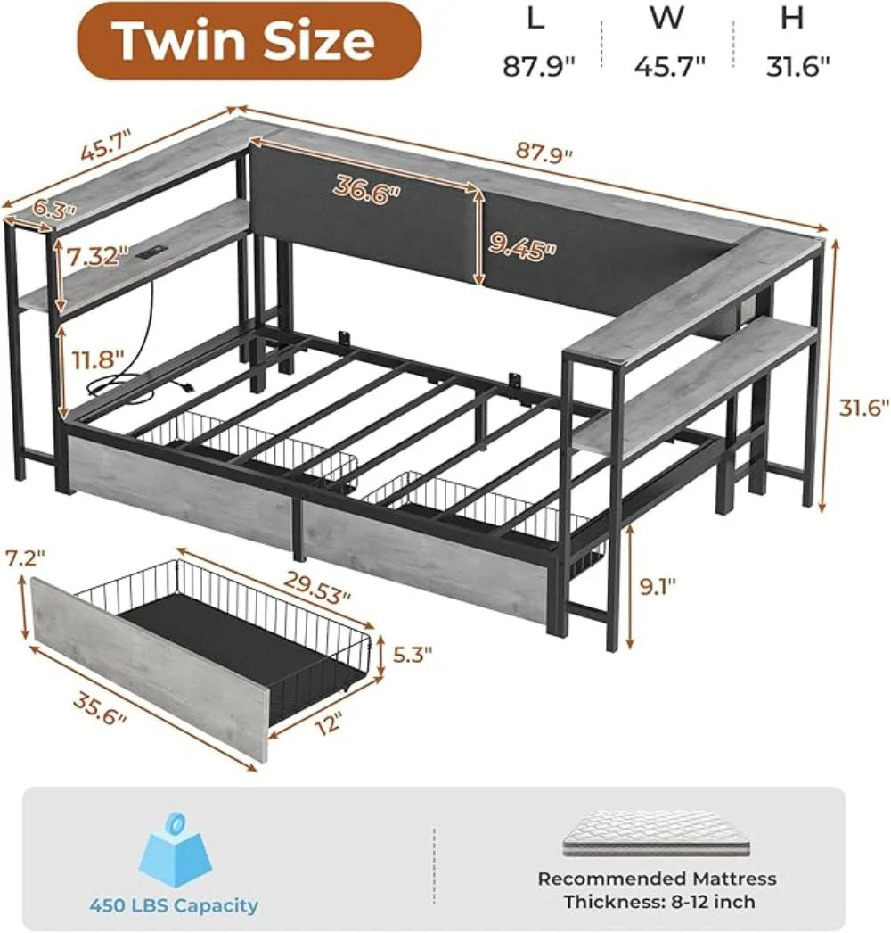 Full Corner Bed Frame with 2 Drawers and Hidden Storage Full Size Daybed with Charging Station and Storage Open Shelves Metal
