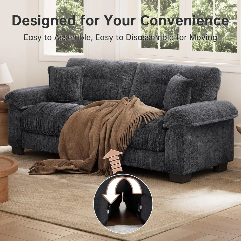 Luxury Chenille Fabric Cloud Couch Sofa, Comfortable Living Room Furniture, Wide Armrests Black Sofa for Apartments